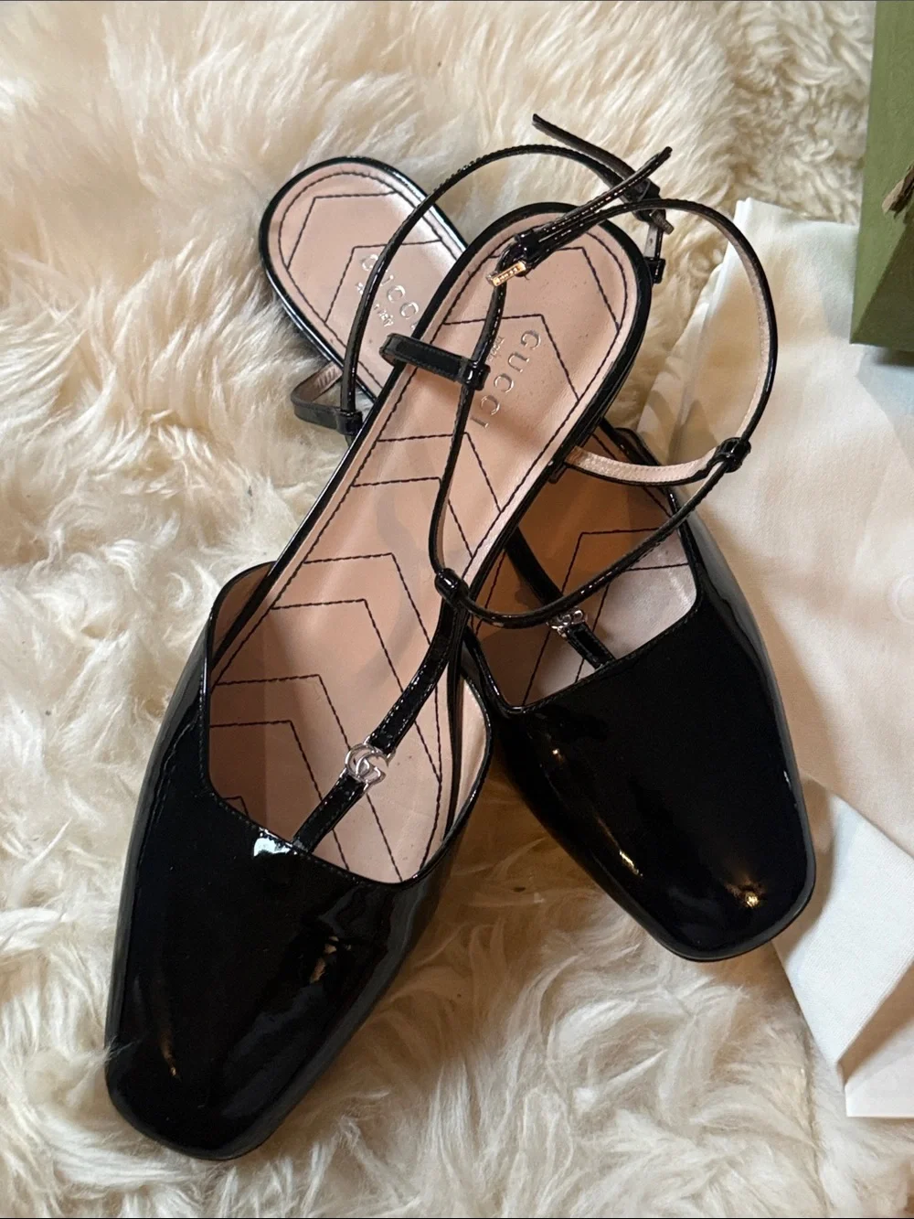 Gucci Black Patent Leather T-Strap Mules